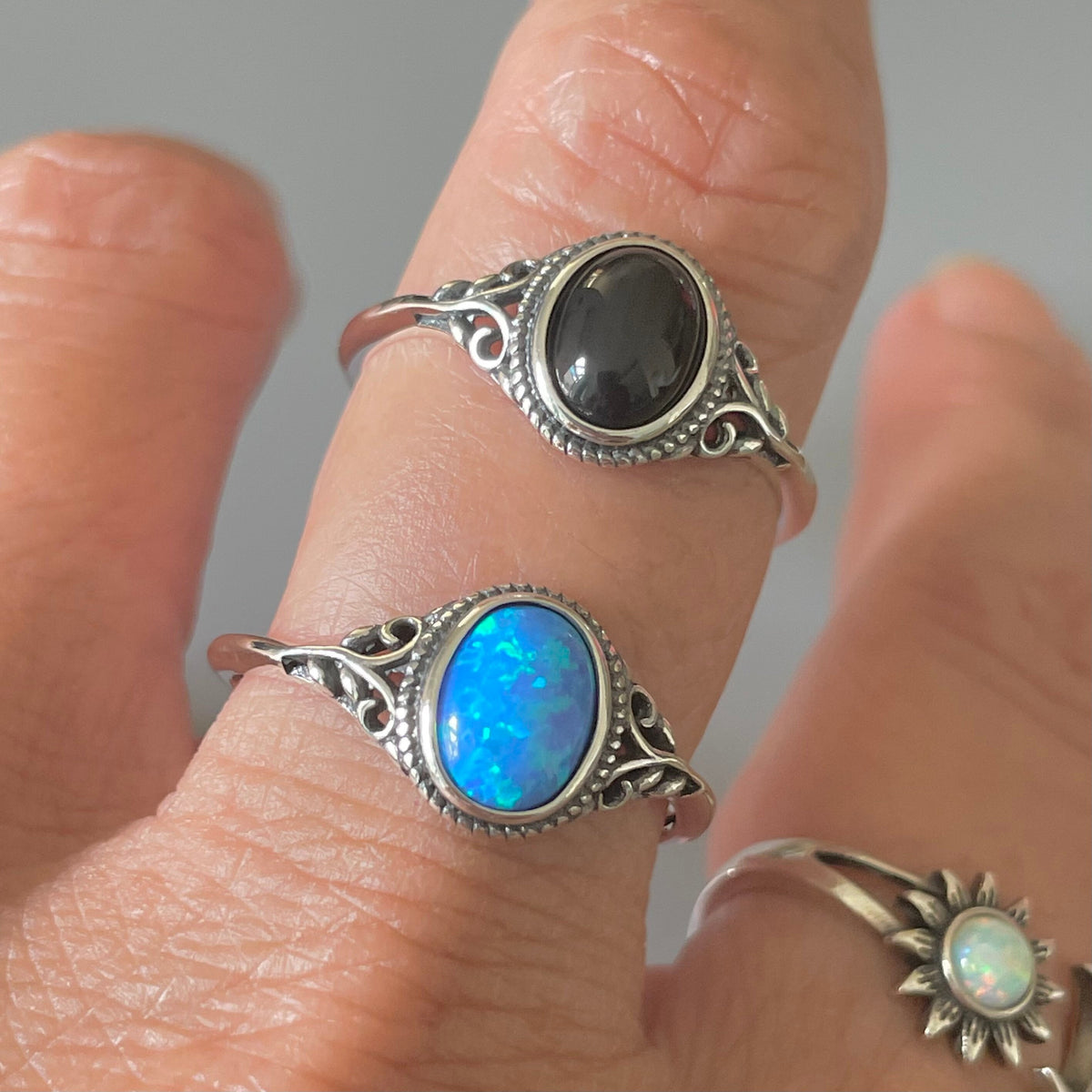 Sterling Silver Filigree Ring: Vintage Black Agate or Blue Opal