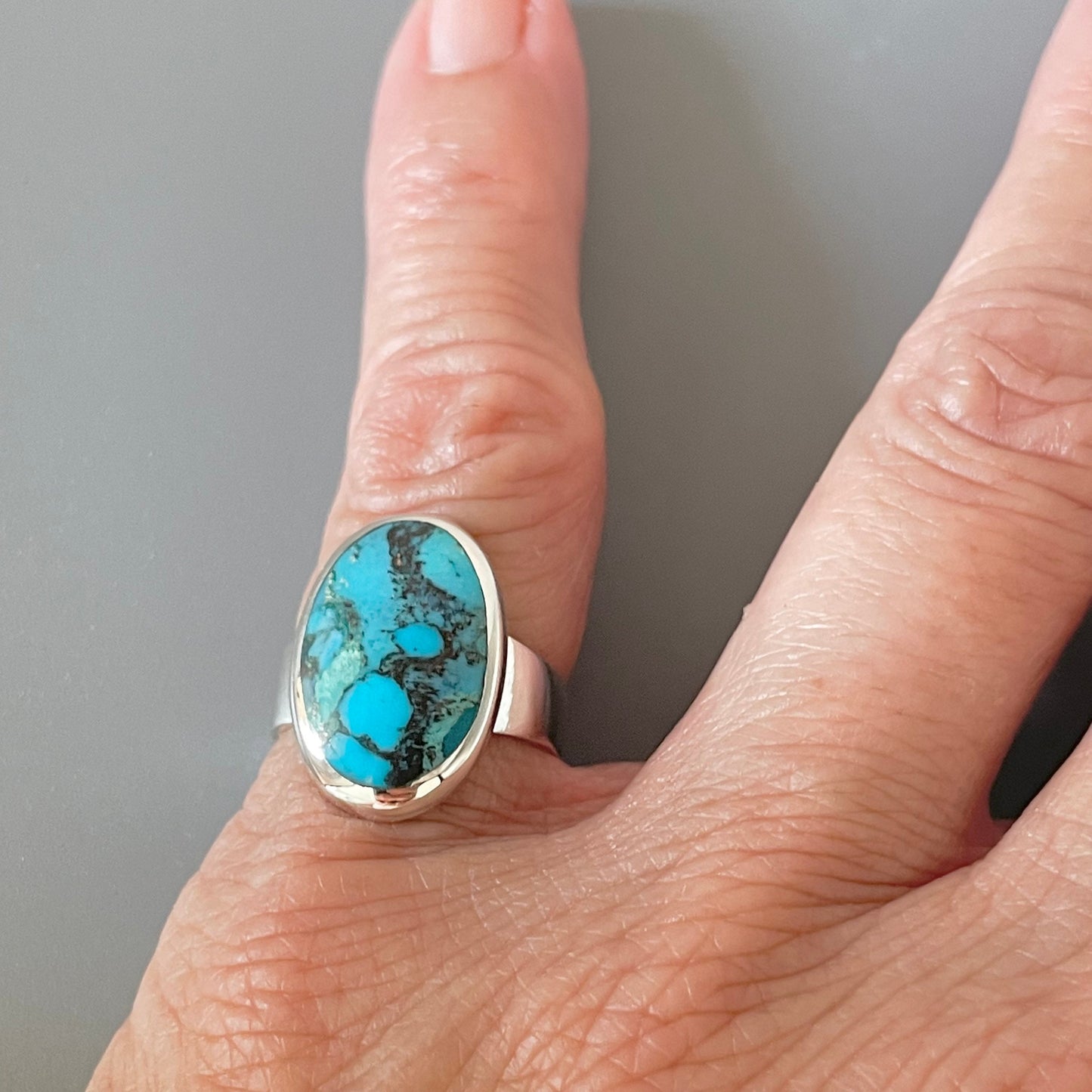 Medium Oval Genuine Turquoise Sterling Silver Ring: Boho Promise Ring
