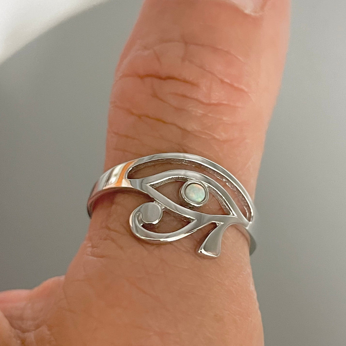 Sterling Silver Fire Opal Eye of Horus Ring - Egyptian Ra Protection