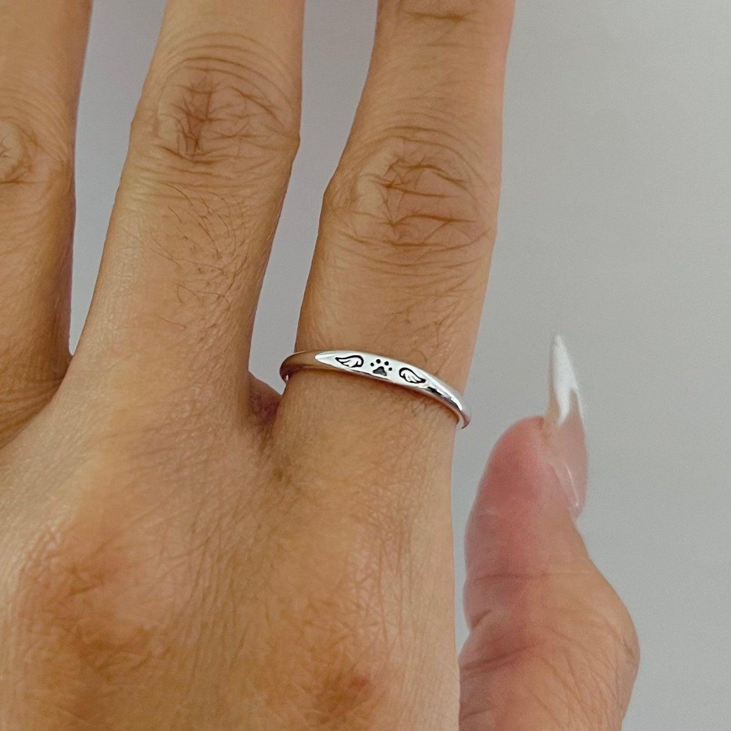 Sterling Silver Unisex Paw Print Angel Wings Ring: Dainty Midi Ring