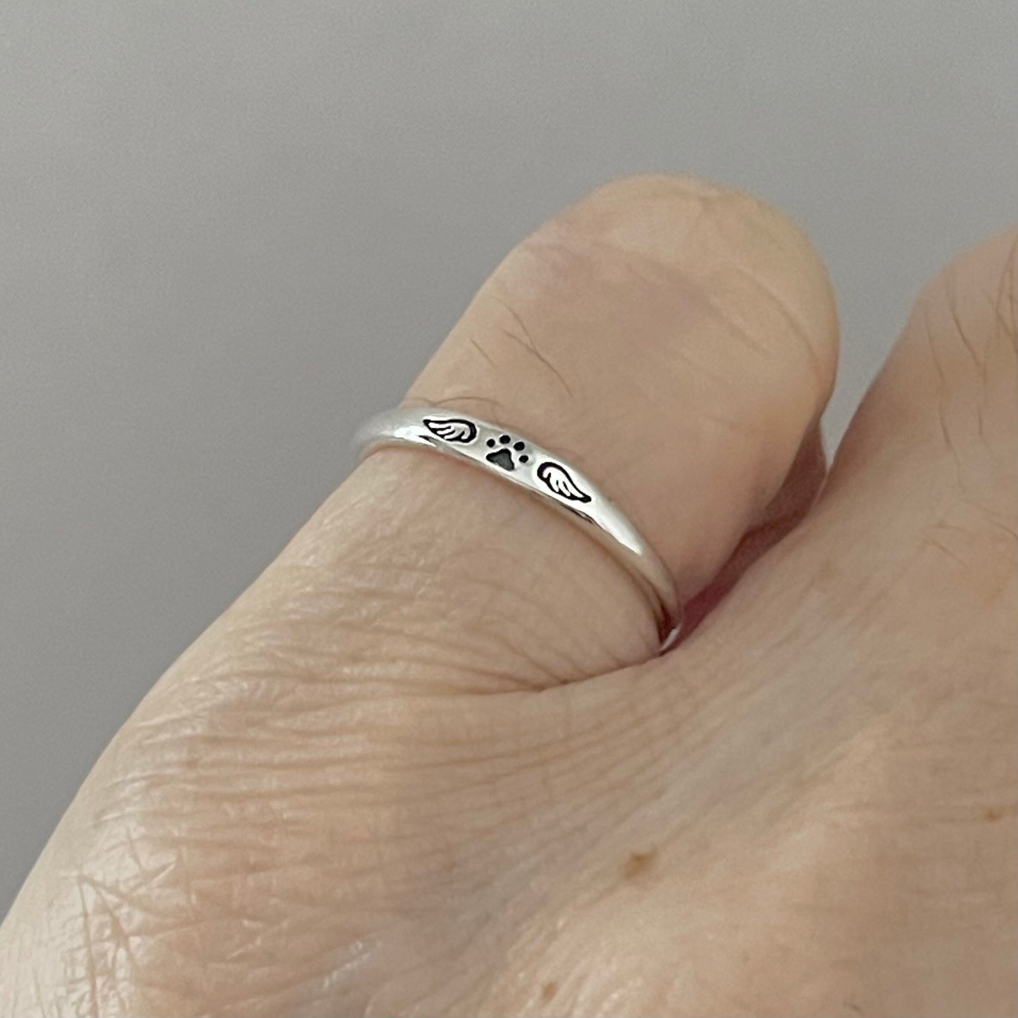 Sterling Silver Unisex Paw Print Angel Wings Ring: Dainty Midi Ring