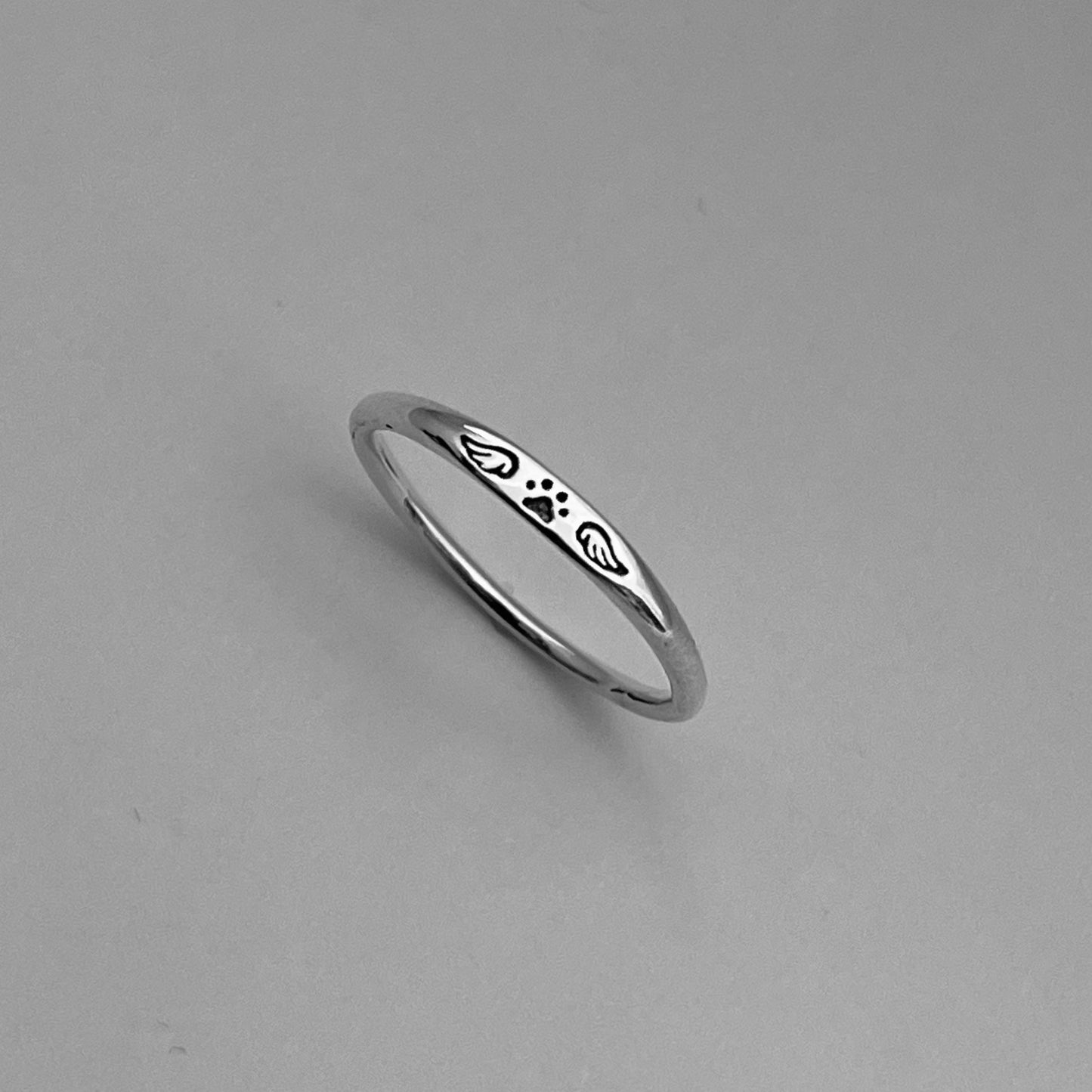 Sterling Silver Unisex Paw Print Angel Wings Ring: Dainty Midi Ring