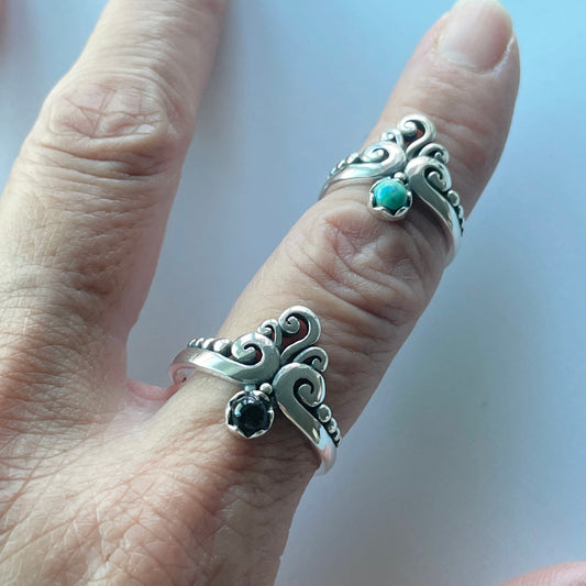 Swirl Sterling Silver Ring: Turquoise or Black Agate Crown Ring