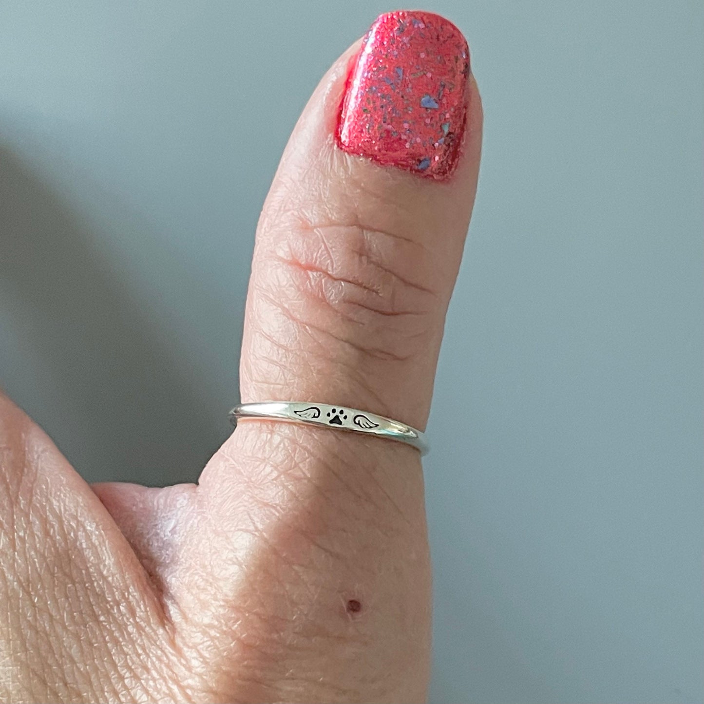 Sterling Silver Unisex Paw Print Angel Wings Ring: Dainty Midi Ring