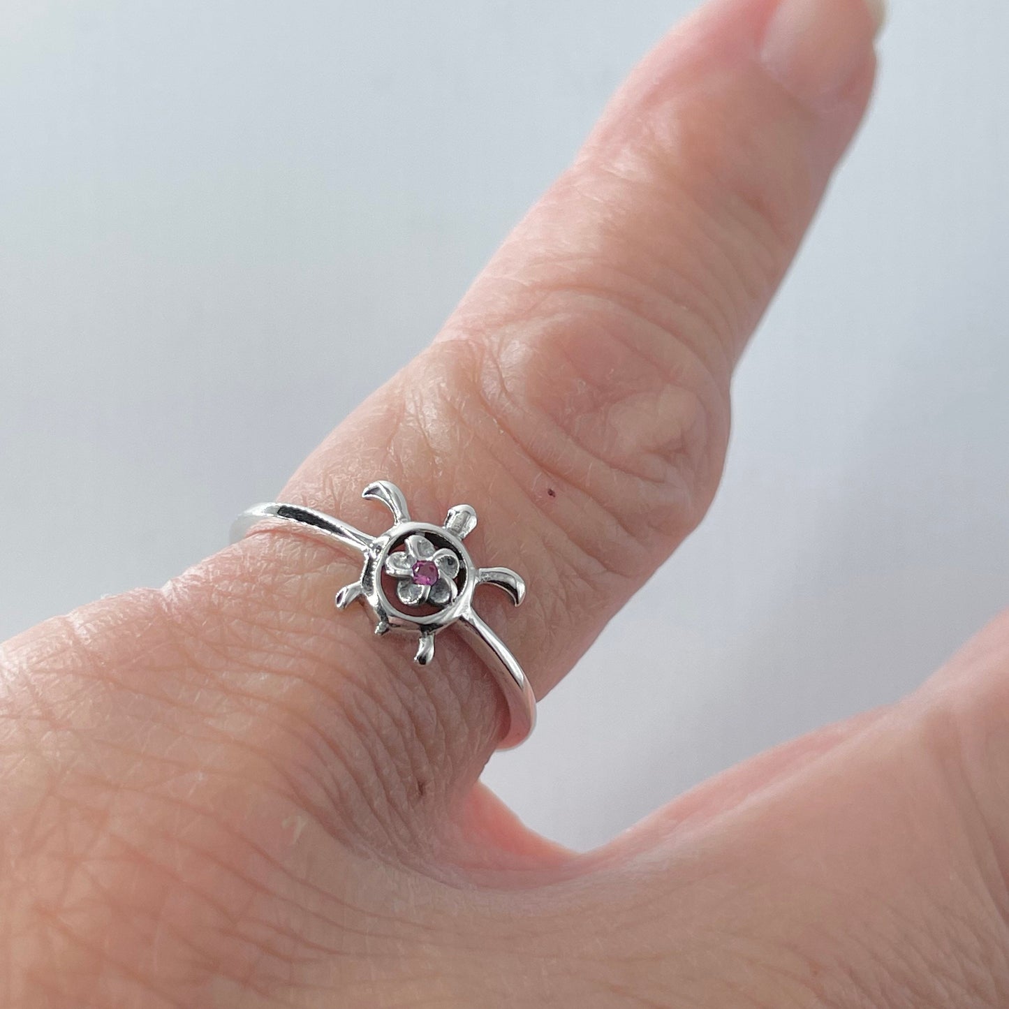 Sterling Silver Dainty Plumeria Flower Turtle Ring, Flower Ring, Plumeria Ring, CZ Ruby Ring, Silver Ring, Silver Turtle Ring, Ocean Ring