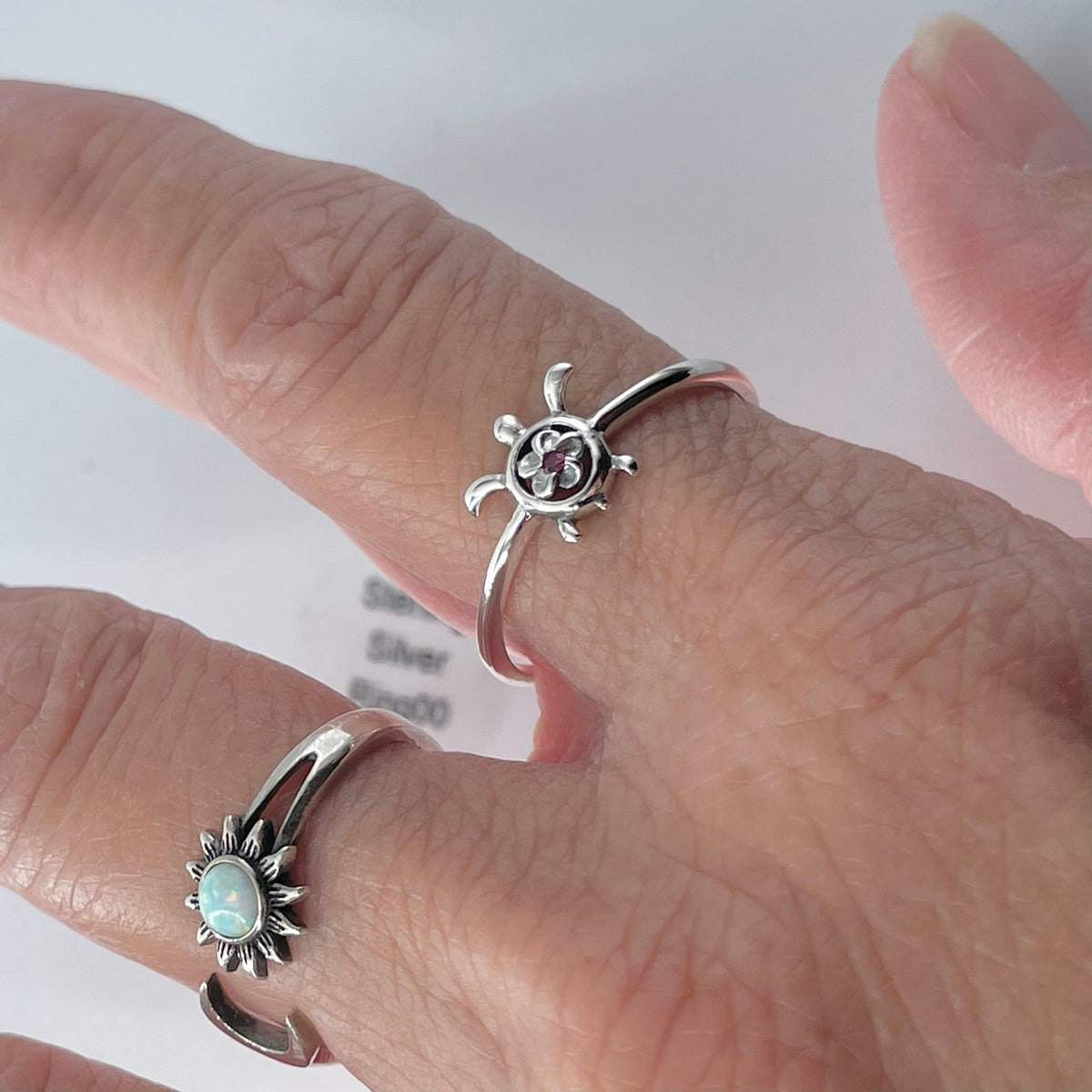 Sterling Silver Plumeria Flower Turtle Ring with Ruby CZ