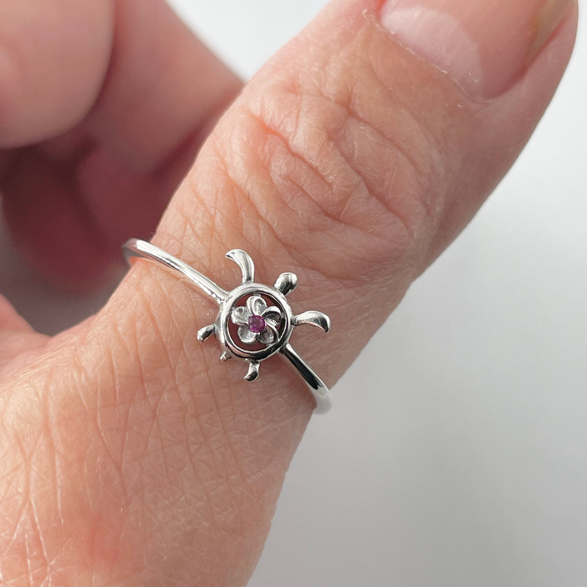 Sterling Silver Plumeria Flower Turtle Ring with Ruby CZ