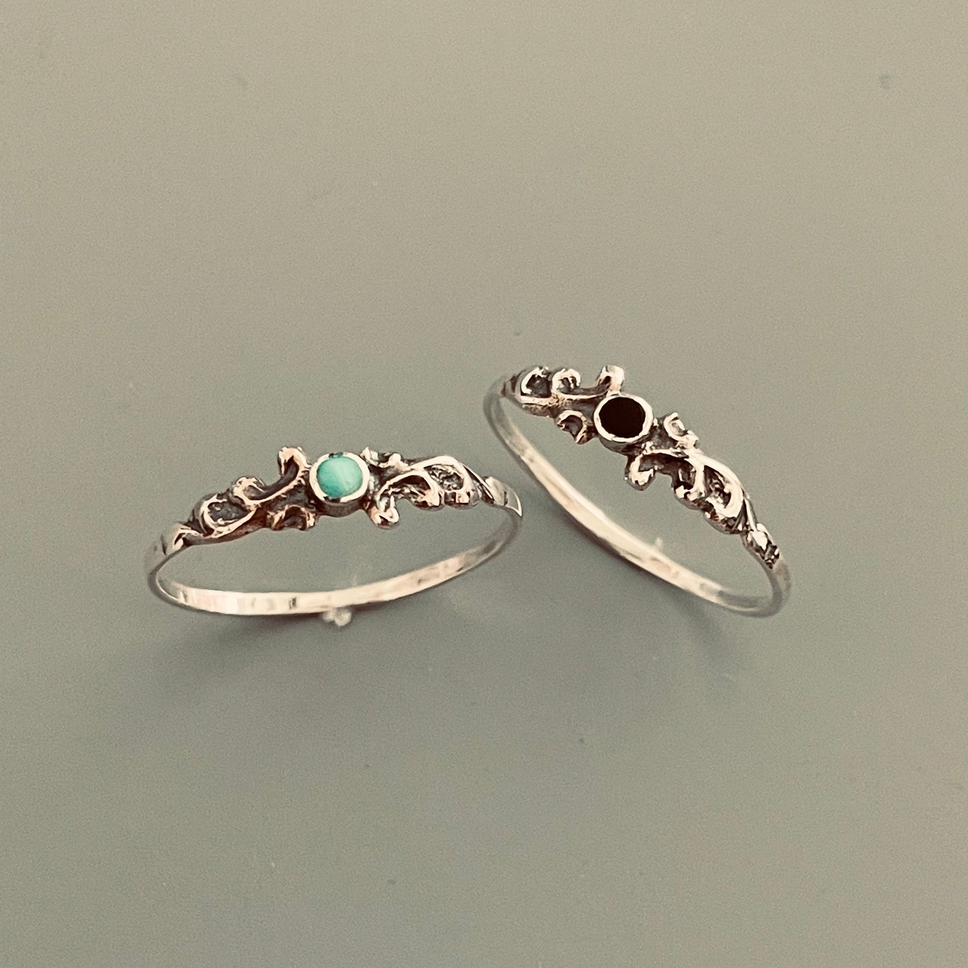 Sterling Silver Dainty Swirly Bail Genuine Turquoise or Black Agate Ring, Silver Dainty Ring, Turquoise Ring, Black Onyx Ring, Silver Ring