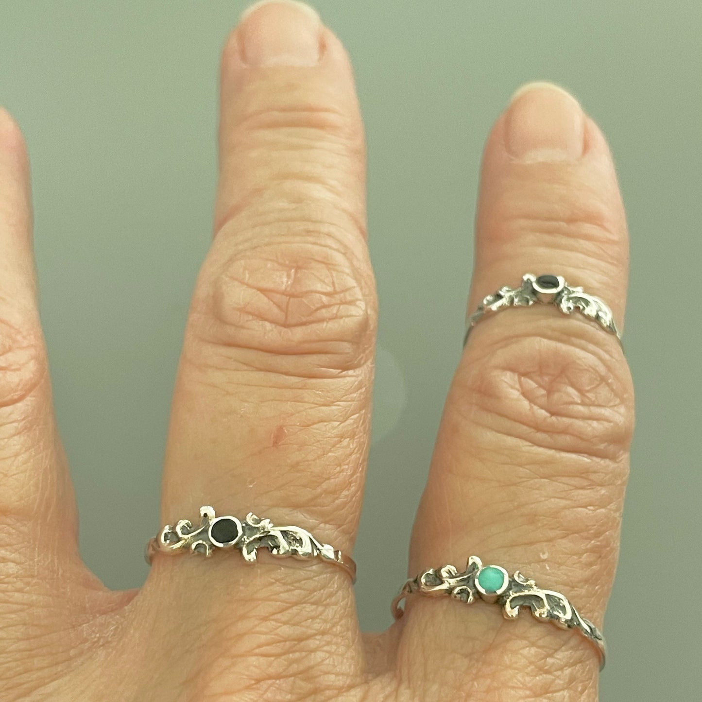 Sterling Silver Swirly Ring: Dainty Turquoise or Black Agate