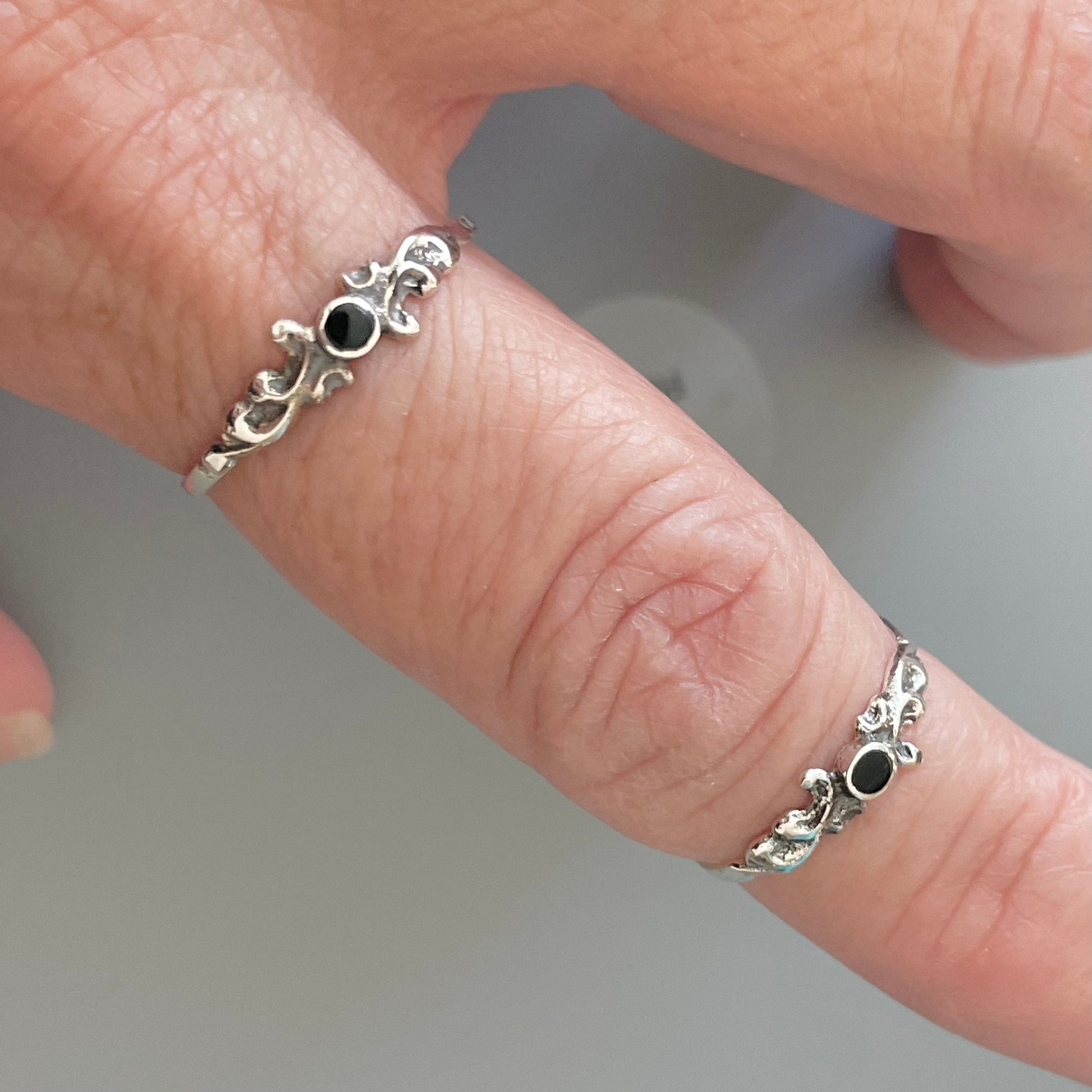 Sterling Silver Swirly Ring: Dainty Turquoise or Black Agate