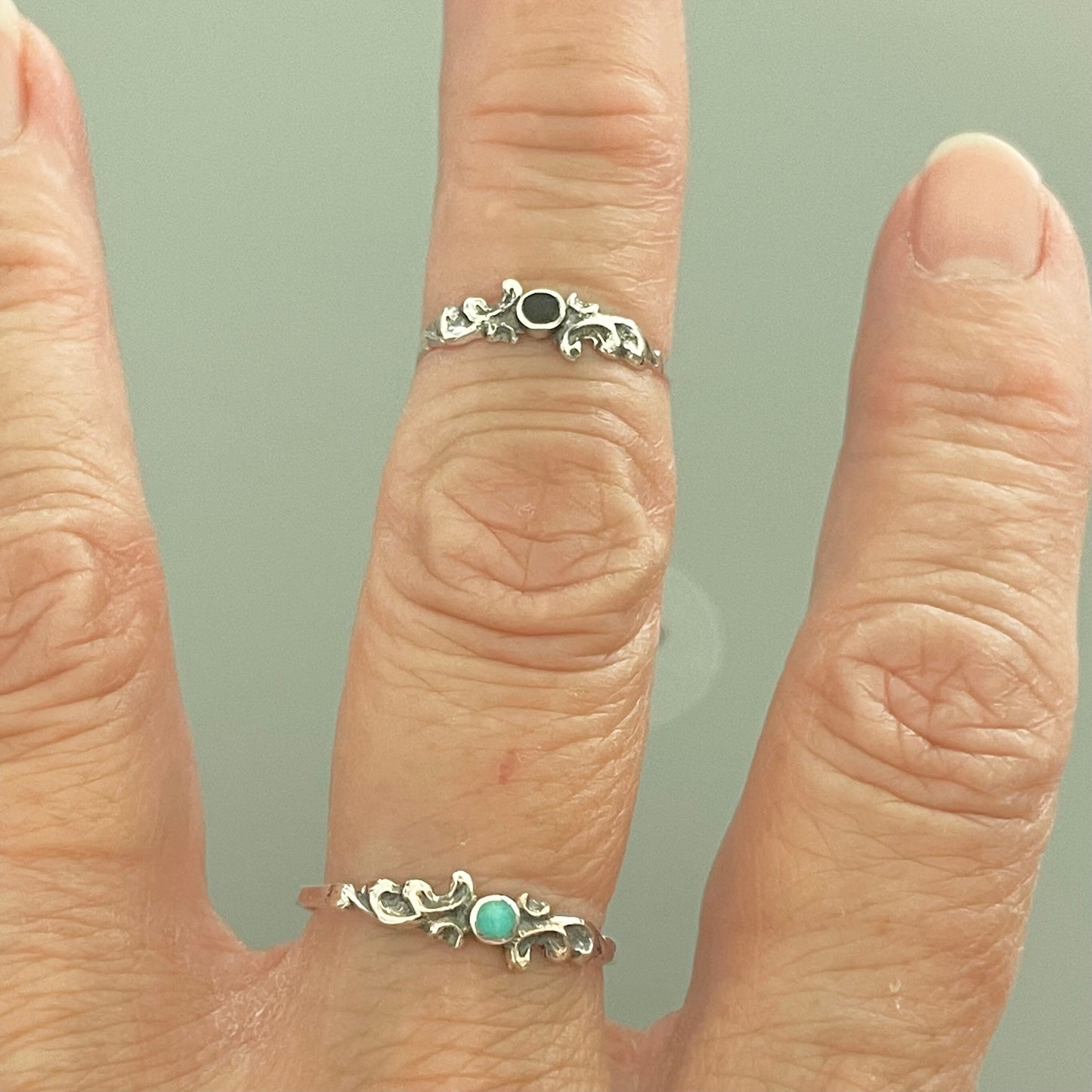 Sterling Silver Dainty Swirly Bail Genuine Turquoise or Black Agate Ring, Silver Dainty Ring, Turquoise Ring, Black Onyx Ring, Silver Ring