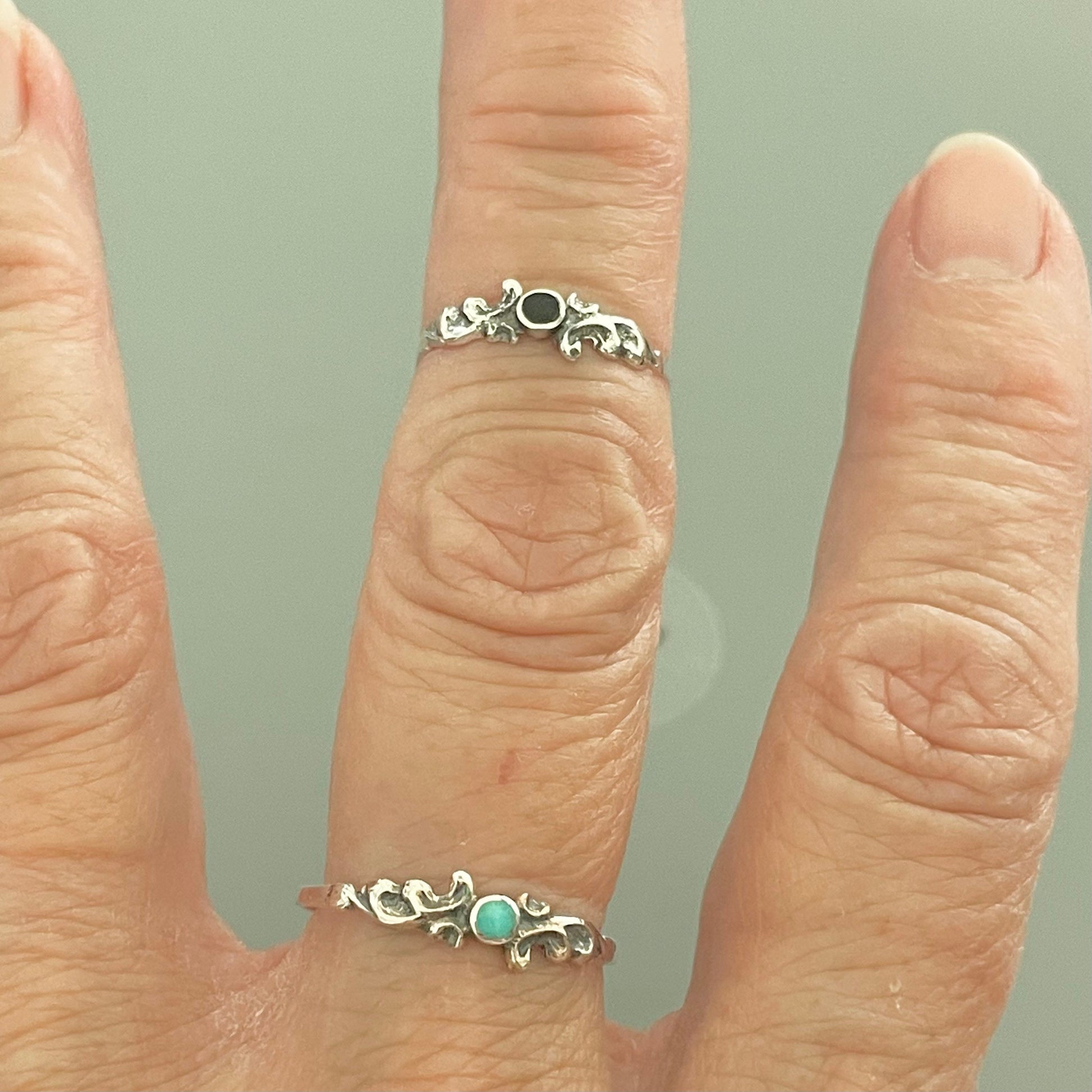 Sterling Silver Swirly Ring: Dainty Turquoise or Black Agate