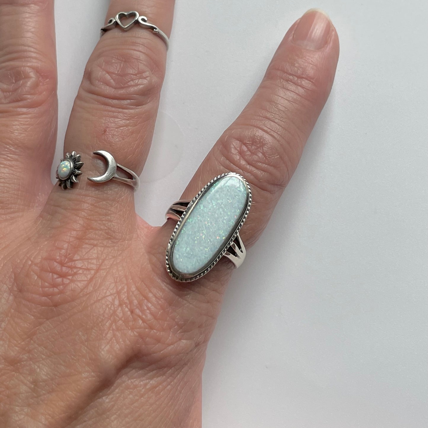 Large White Lab Opal Sterling Silver Ring - October Birthstone