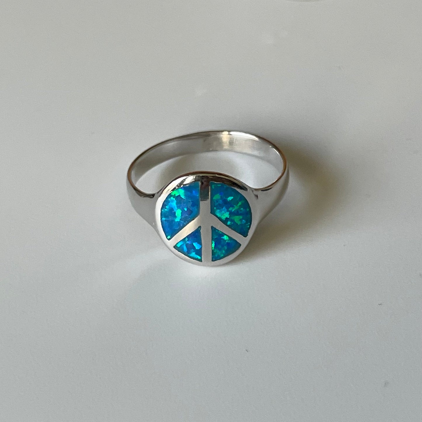 Blue Lab Opal Peace Sign Ring: Sterling Silver Boho Jewelry