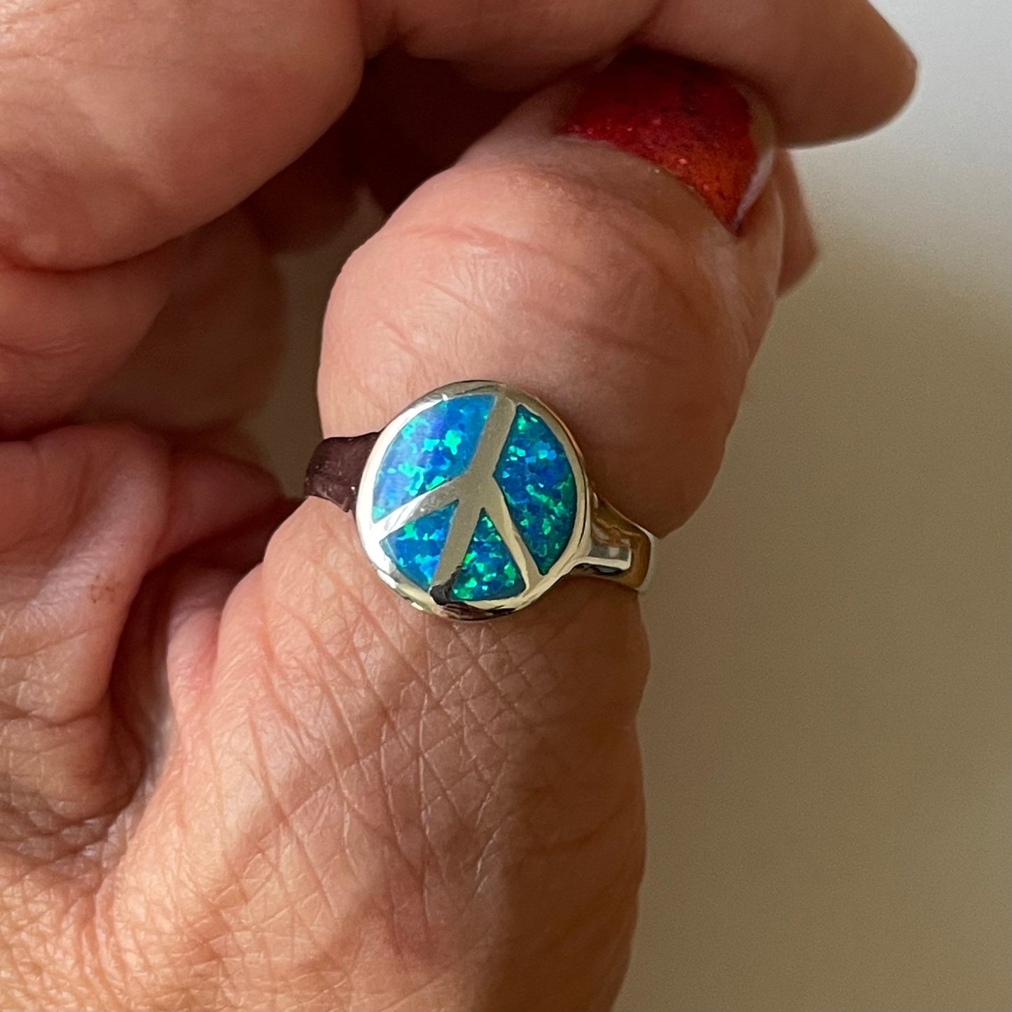 Blue Lab Opal Peace Sign Ring: Sterling Silver Boho Jewelry