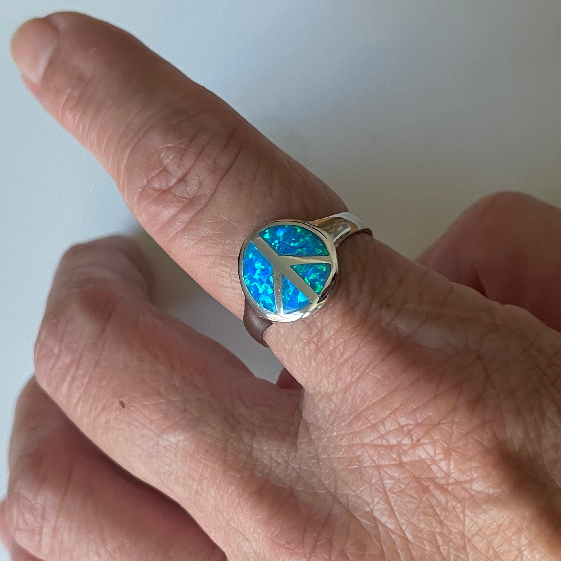 Blue Opal Peace Sign Sterling Silver Ring, Hippie Ring, Peace Ring, Opal Ring, Love Ring, Peace Sign Ring, Silver Ring, Religious Ring