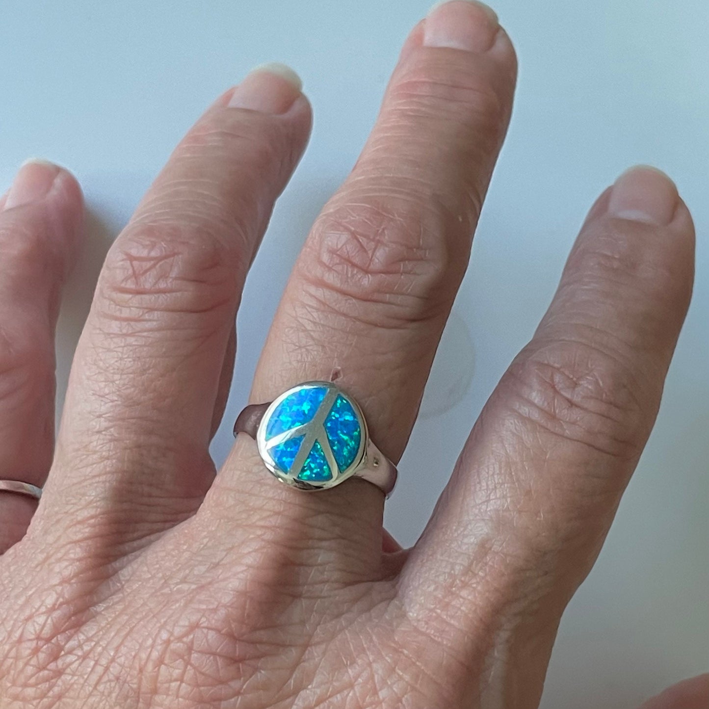 Blue Opal Peace Sign Sterling Silver Ring, Hippie Ring, Peace Ring, Opal Ring, Love Ring, Peace Sign Ring, Silver Ring, Religious Ring