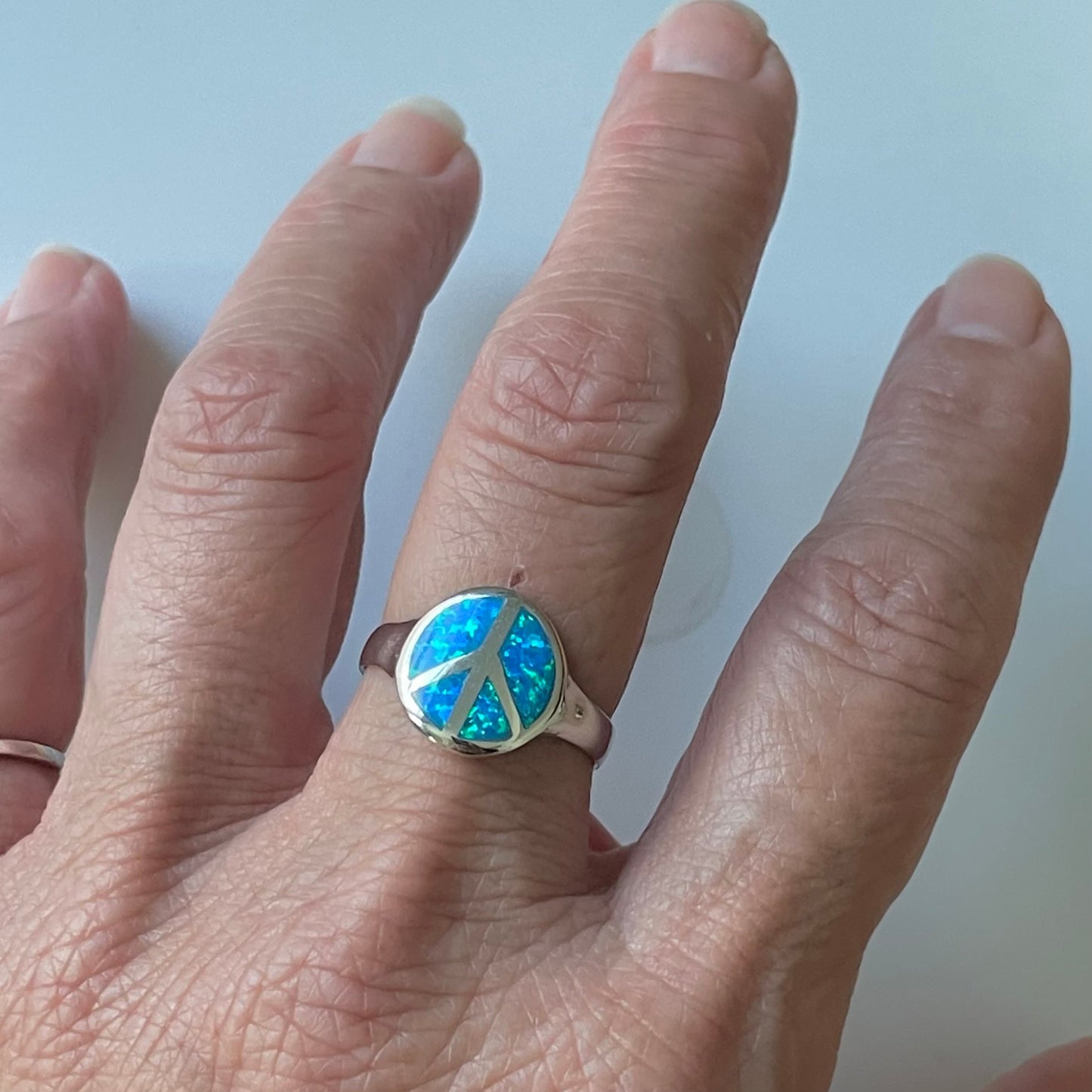 Blue Lab Opal Peace Sign Ring: Sterling Silver Boho Jewelry
