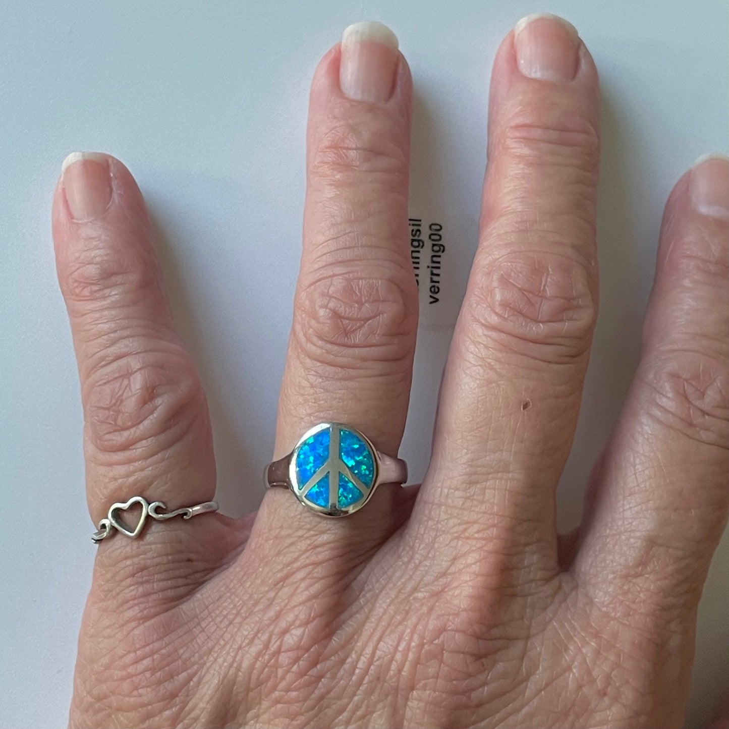 Blue Opal Peace Sign Sterling Silver Ring, Hippie Ring, Peace Ring, Opal Ring, Love Ring, Peace Sign Ring, Silver Ring, Religious Ring