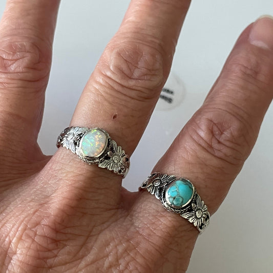 Sterling Silver Sunflower Ring: Opal or Turquoise Promise Ring