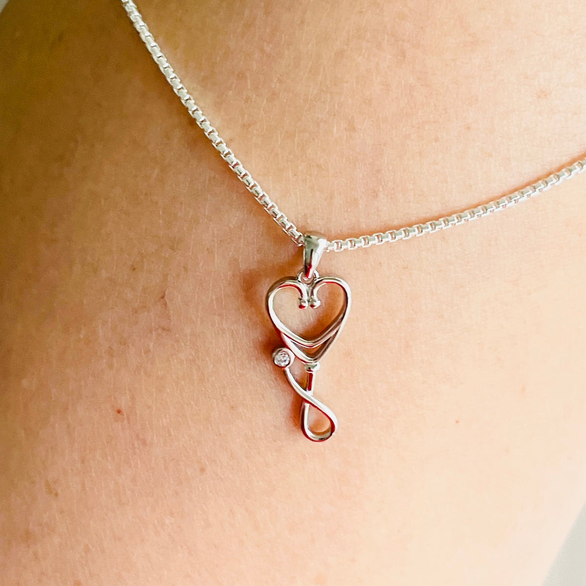 Sterling Silver Heart Stethoscope Necklace: CZ Nurse Pendant
