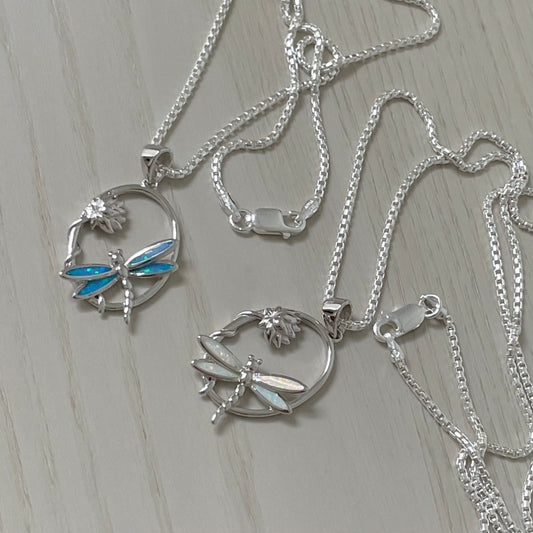 Sterling Silver Dragonfly Necklace: Lab Opal Lotus Pendant