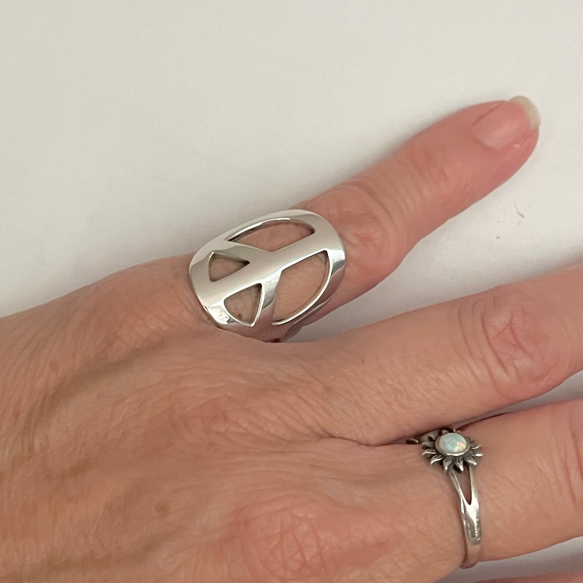 Sterling Silver Peace Sign Ring: Unisex Hippie Statement Ring