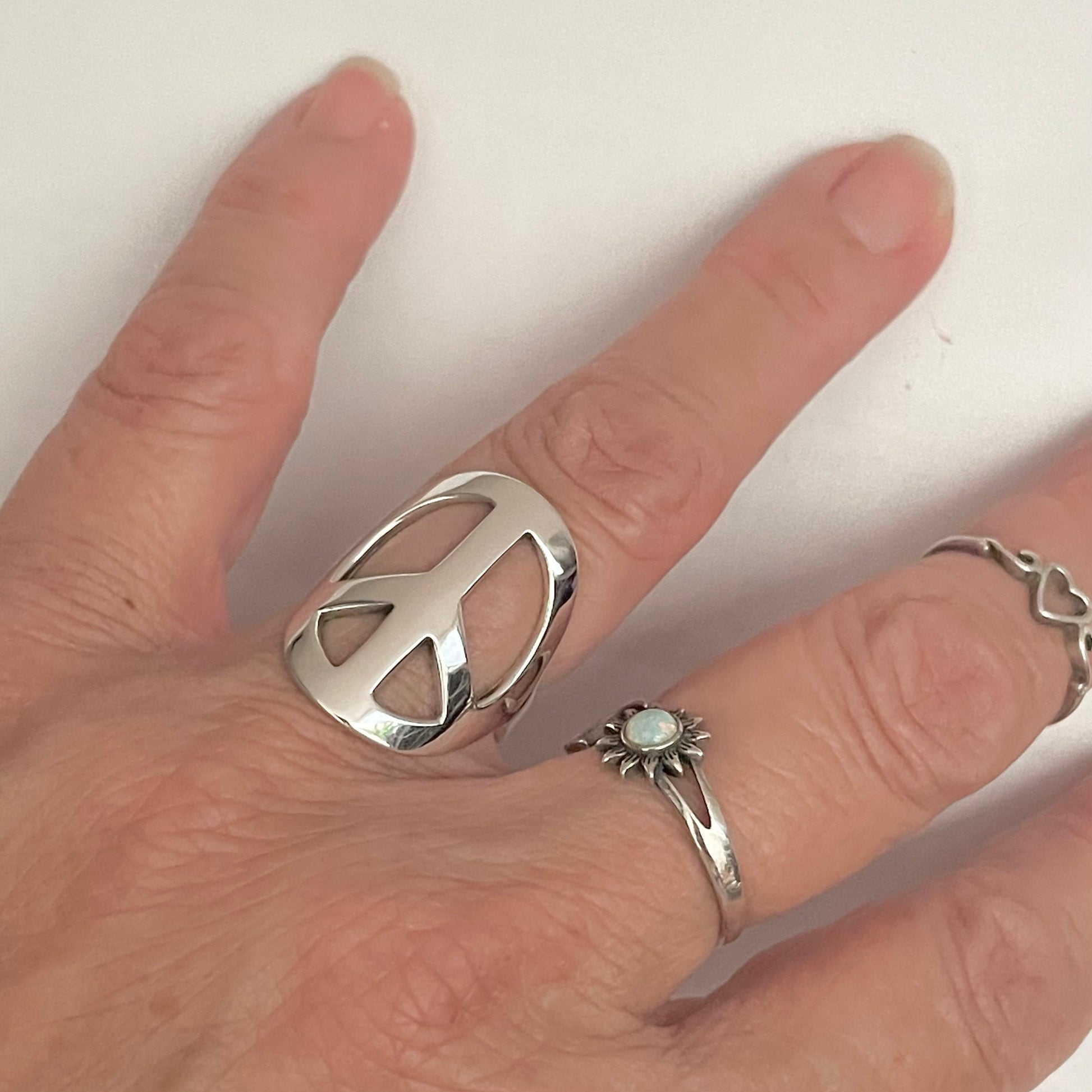 Sterling Silver Peace Sign Ring: Unisex Hippie Statement Ring