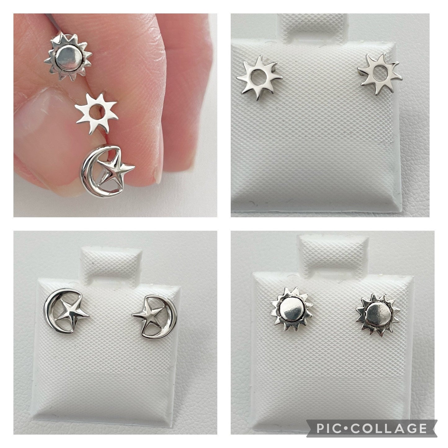 Dainty Sterling Silver Celestial Stud Earrings: Sun, Star & Moon