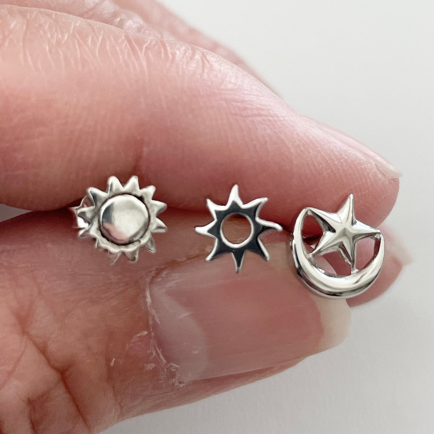 Dainty Sterling Silver Celestial Stud Earrings: Sun, Star & Moon