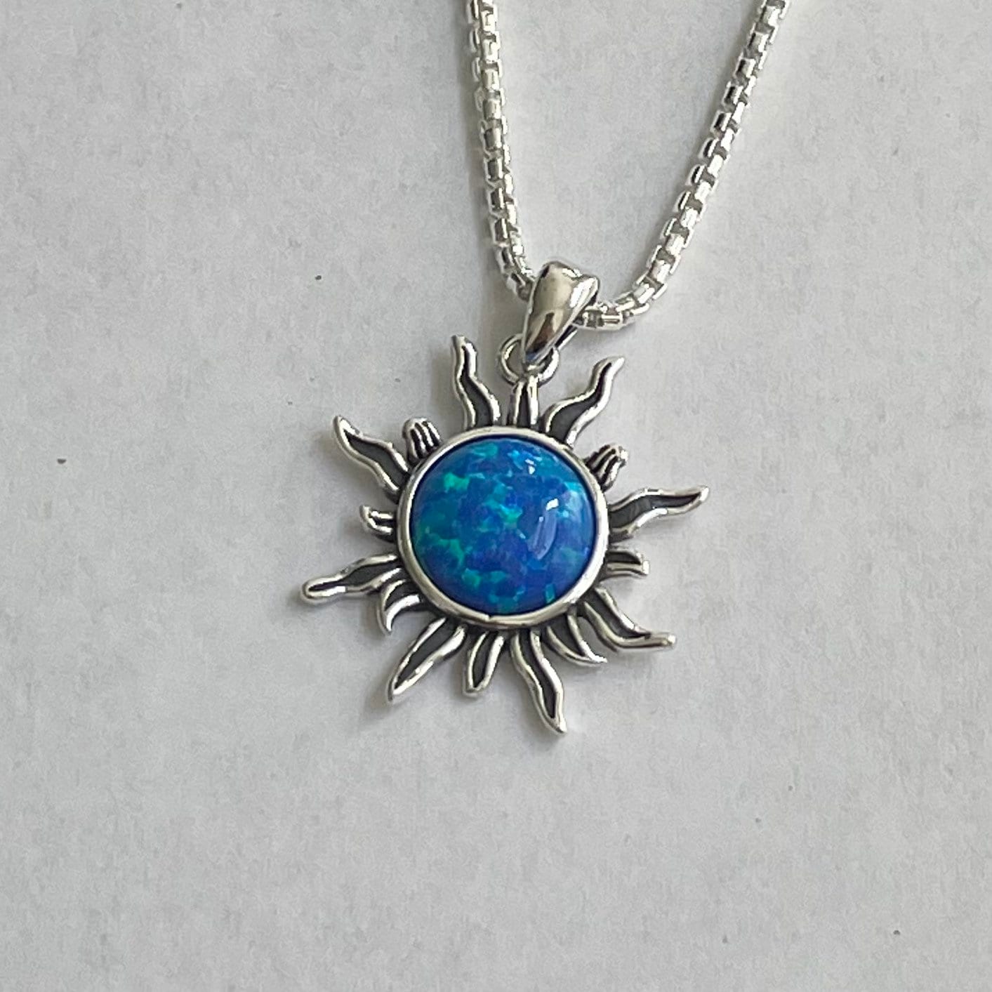 Genuine Turquoise or Opal Sterling Silver Blazing Sun Necklace, Silver Opal Necklace, Silver Turquoise Pendant, Him or Her Necklace