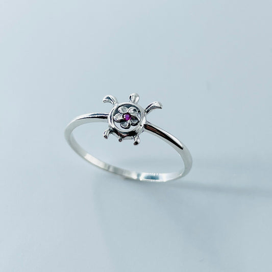 Sterling Silver Plumeria Flower Turtle Ring with Ruby CZ