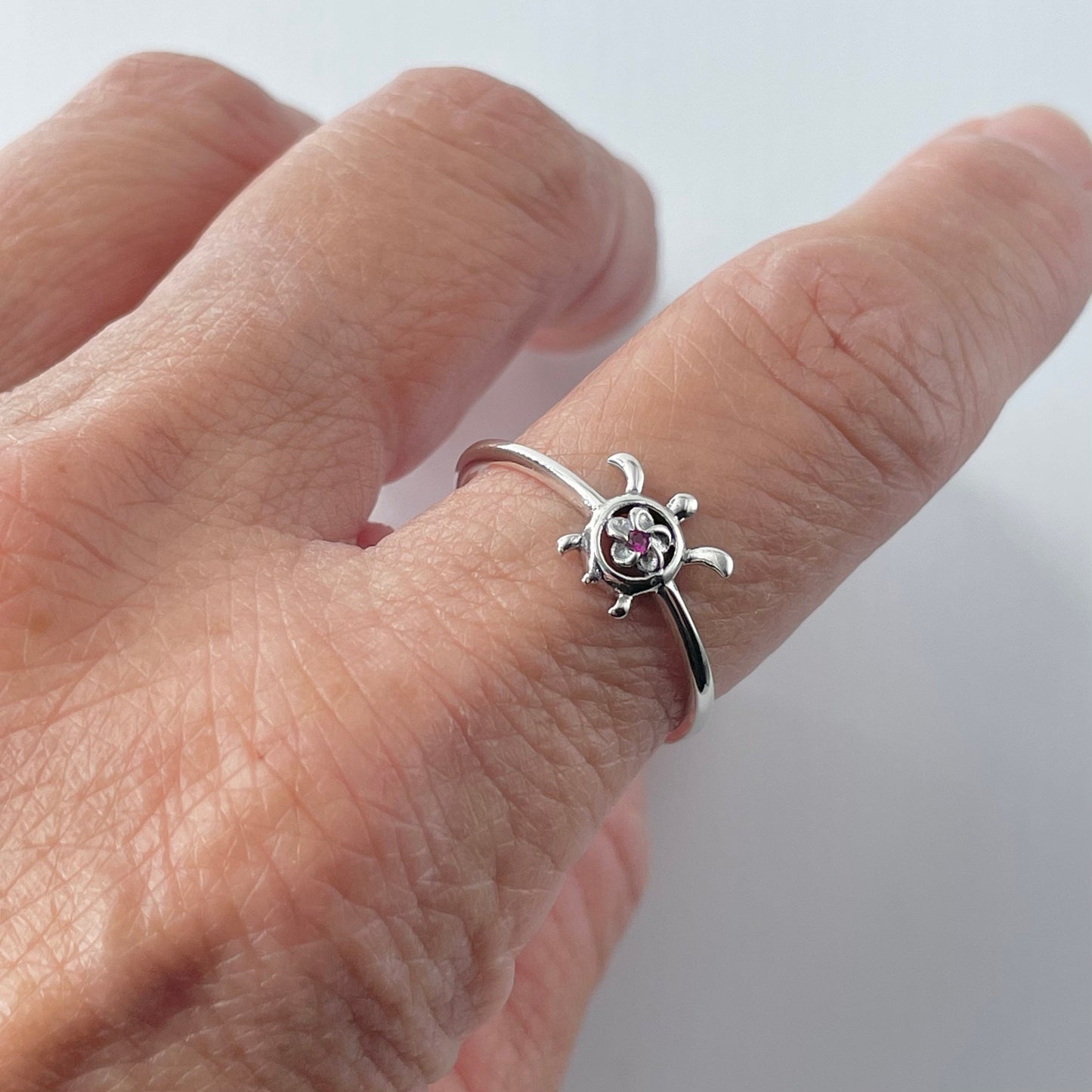 Sterling Silver Dainty Plumeria Flower Turtle Ring, Flower Ring, Plumeria Ring, CZ Ruby Ring, Silver Ring, Silver Turtle Ring, Ocean Ring