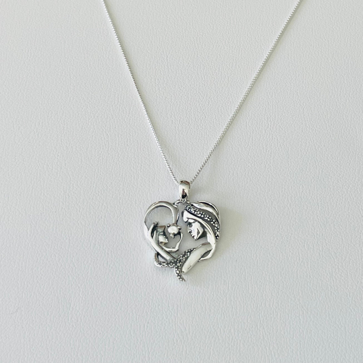 Sterling Silver Mother & Child Heart Pendant Necklace - Oxidized Finish