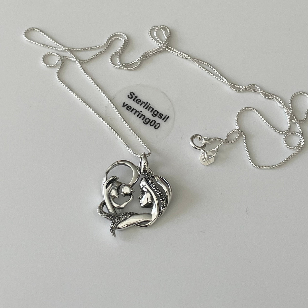 Sterling Silver Mother & Child Heart Pendant Necklace - Oxidized Finish