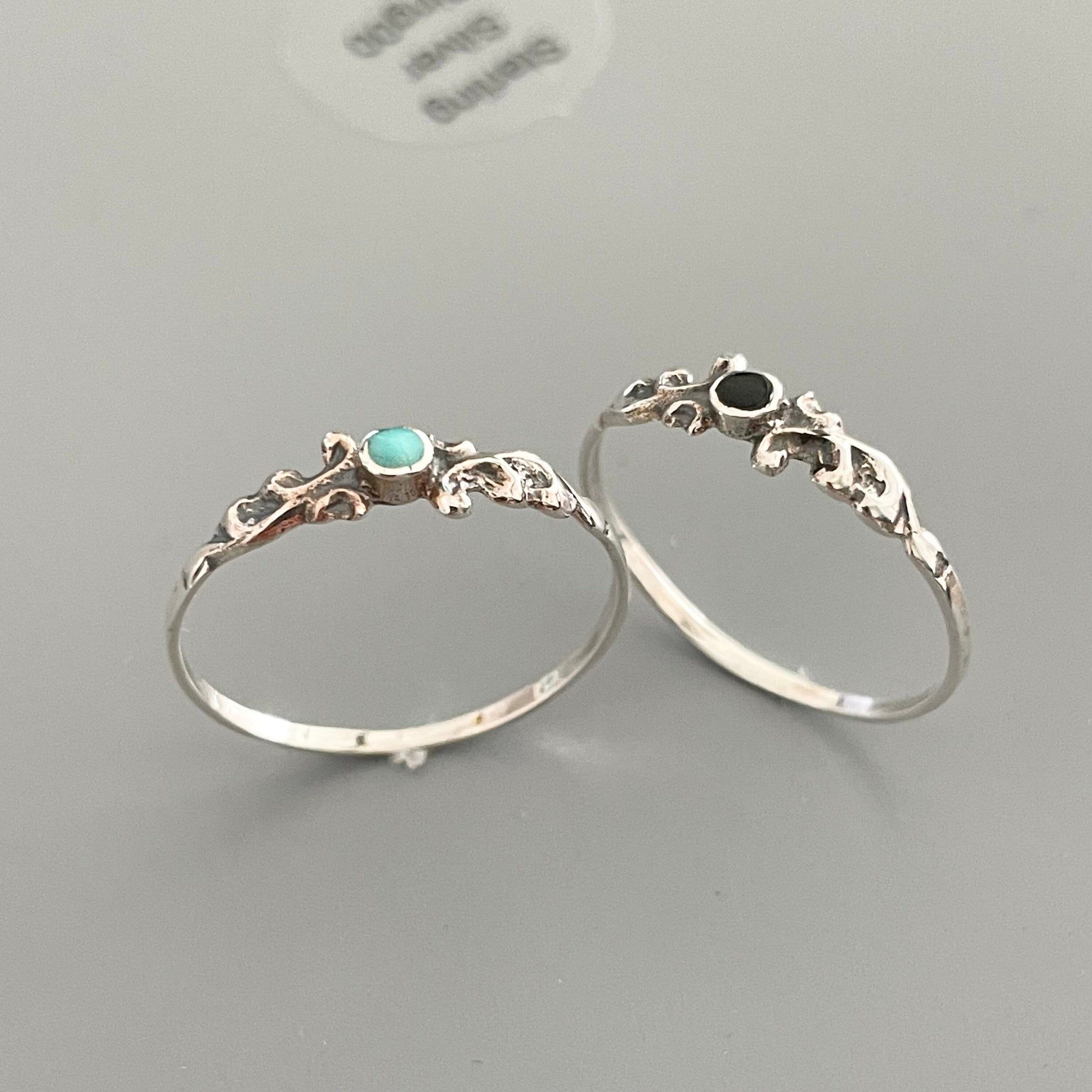 Sterling Silver Dainty Swirly Bail Genuine Turquoise or Black Agate Ring, Silver Dainty Ring, Turquoise Ring, Black Onyx Ring, Silver Ring