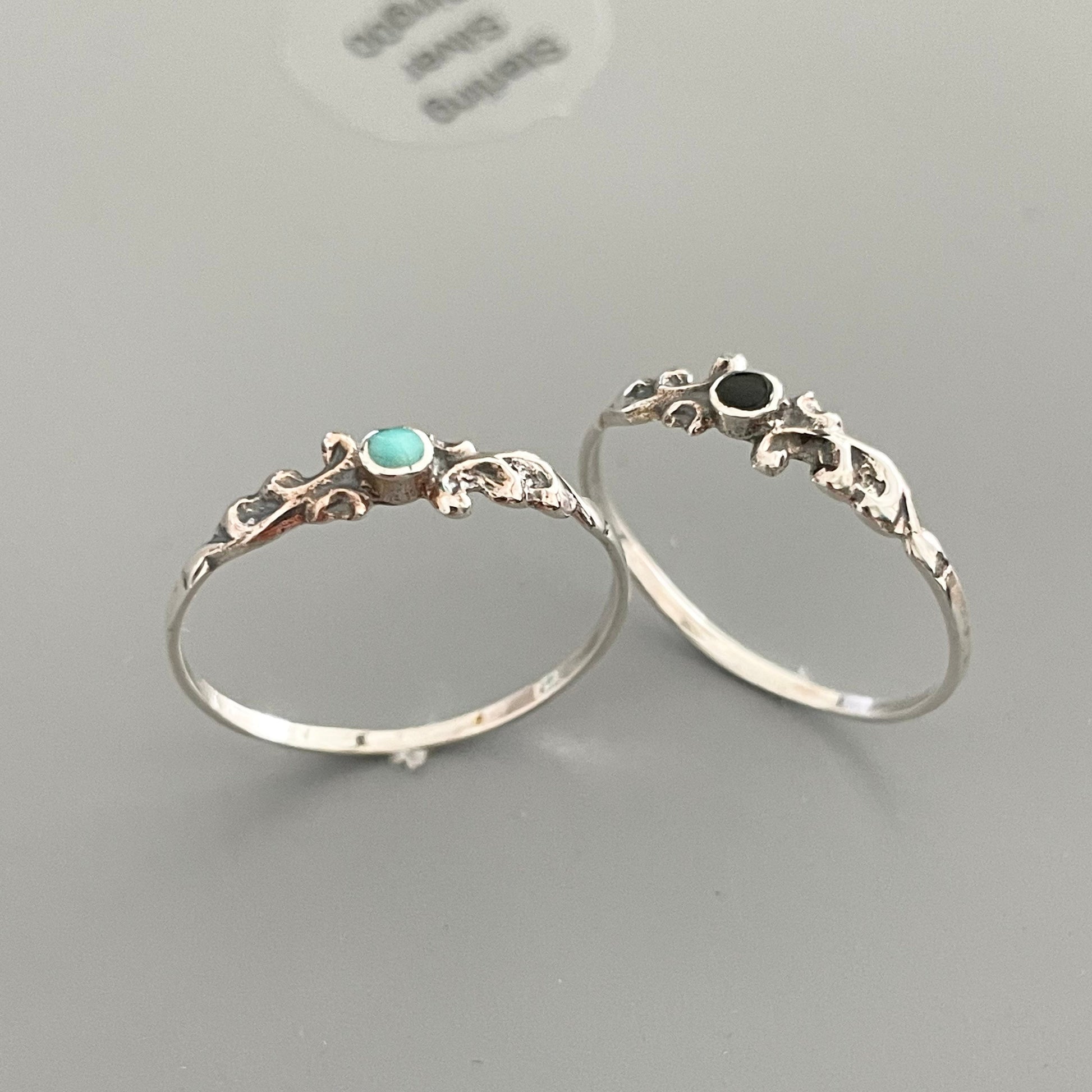 Sterling Silver Swirly Ring: Dainty Turquoise or Black Agate