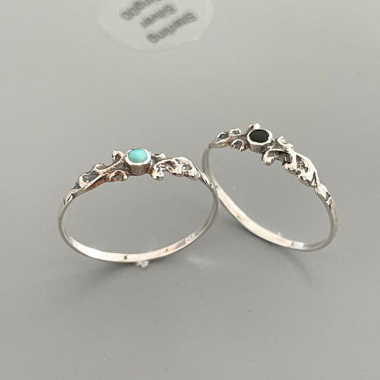 Sterling Silver Swirly Ring: Dainty Turquoise or Black Agate