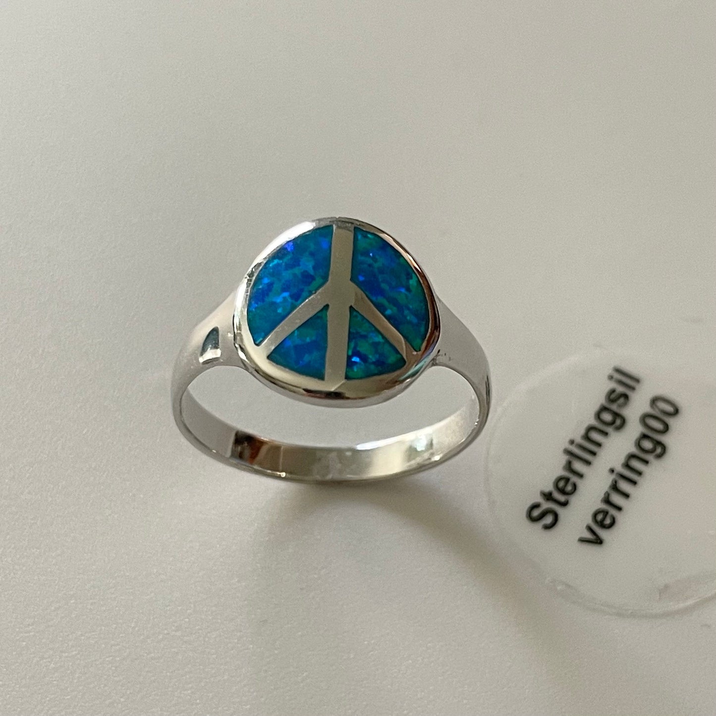 Blue Lab Opal Peace Sign Ring: Sterling Silver Boho Jewelry