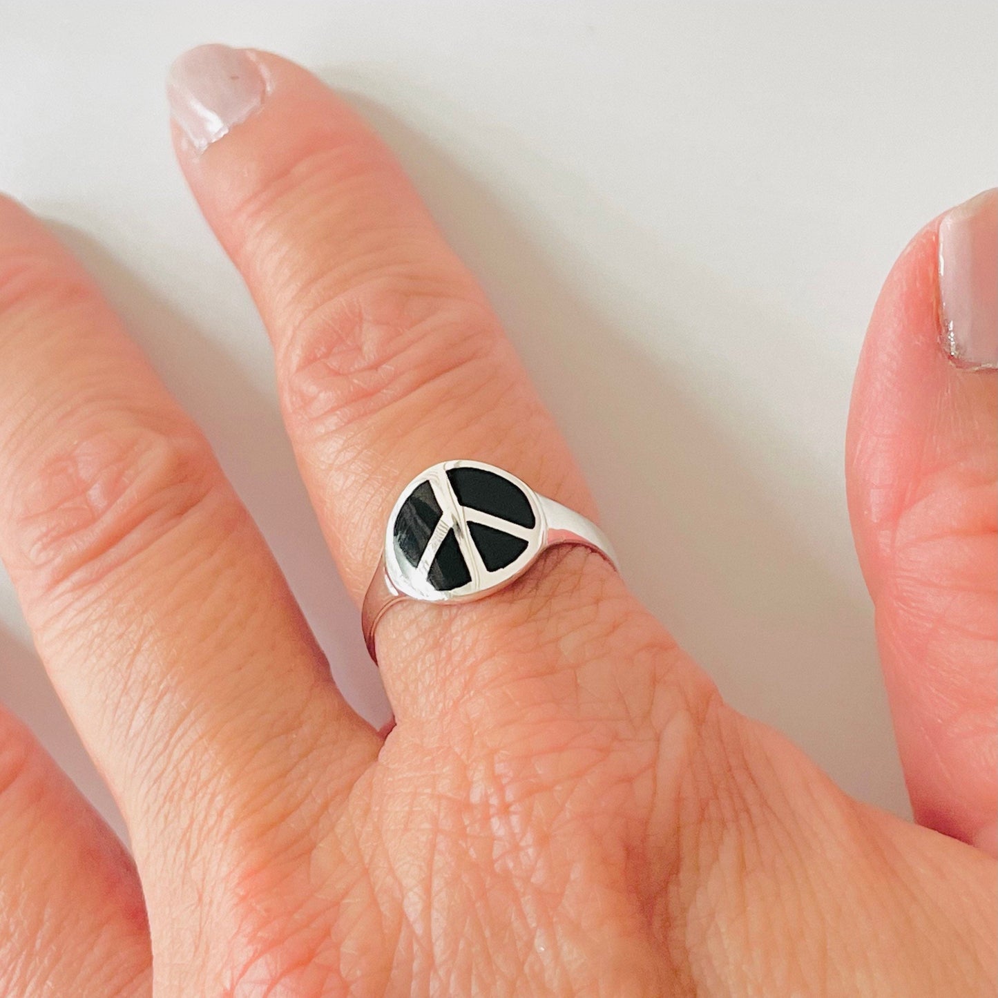 Sterling Silver Black Agate Peace Sign Ring: Boho Hippie Jewelry