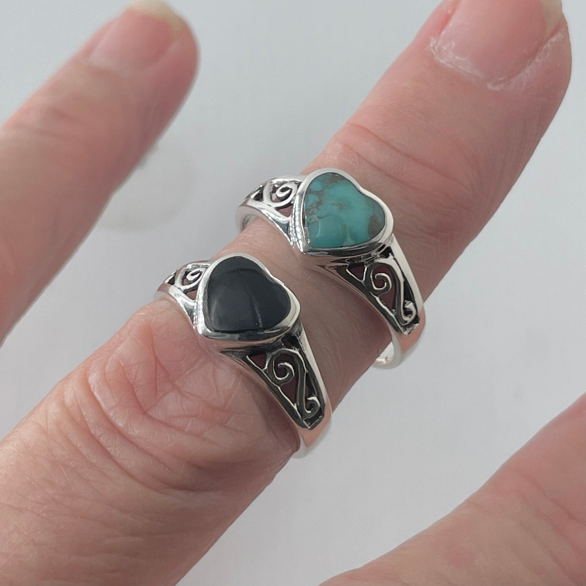 Sterling Silver Heart Ring: Genuine Turquoise or Black Agate