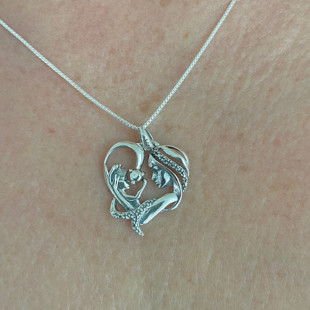 Sterling Silver Mother & Child Heart Pendant Necklace - Oxidized Finish