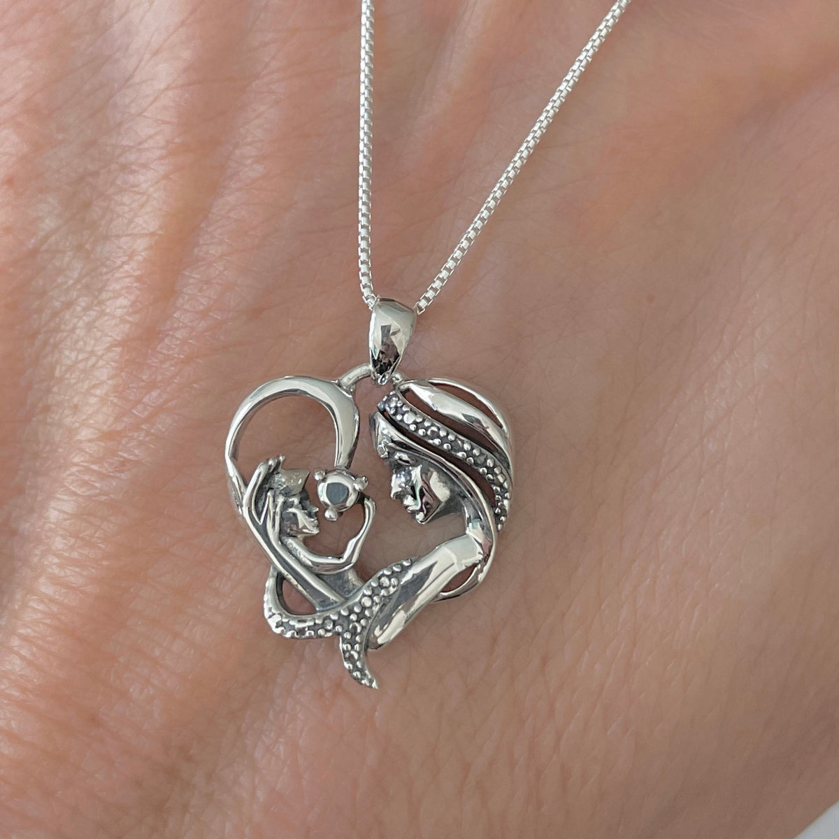 Sterling Silver Mother & Child Heart Pendant Necklace - Oxidized Finish