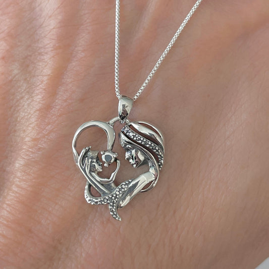 Sterling Silver Mother & Child Heart Pendant Necklace - Oxidized Finish