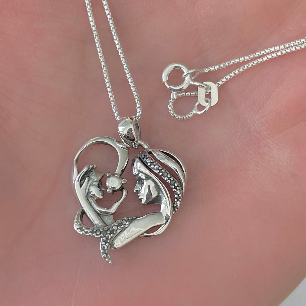 Sterling Silver Mother & Child Heart Pendant Necklace - Oxidized Finish