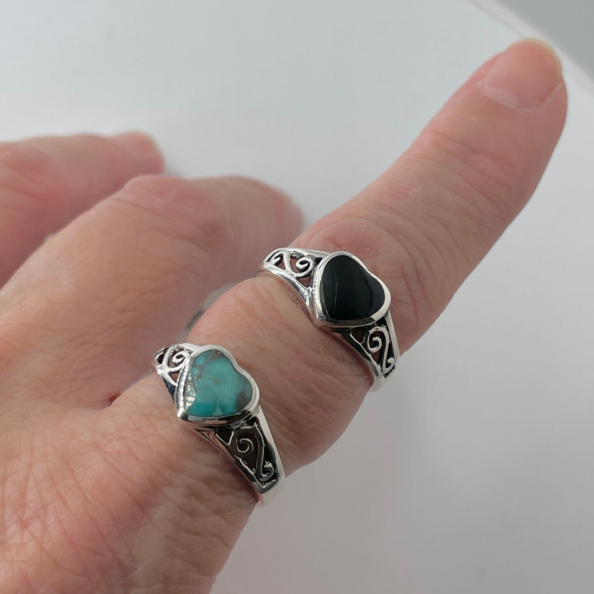 Sterling Silver Heart Ring: Genuine Turquoise or Black Agate