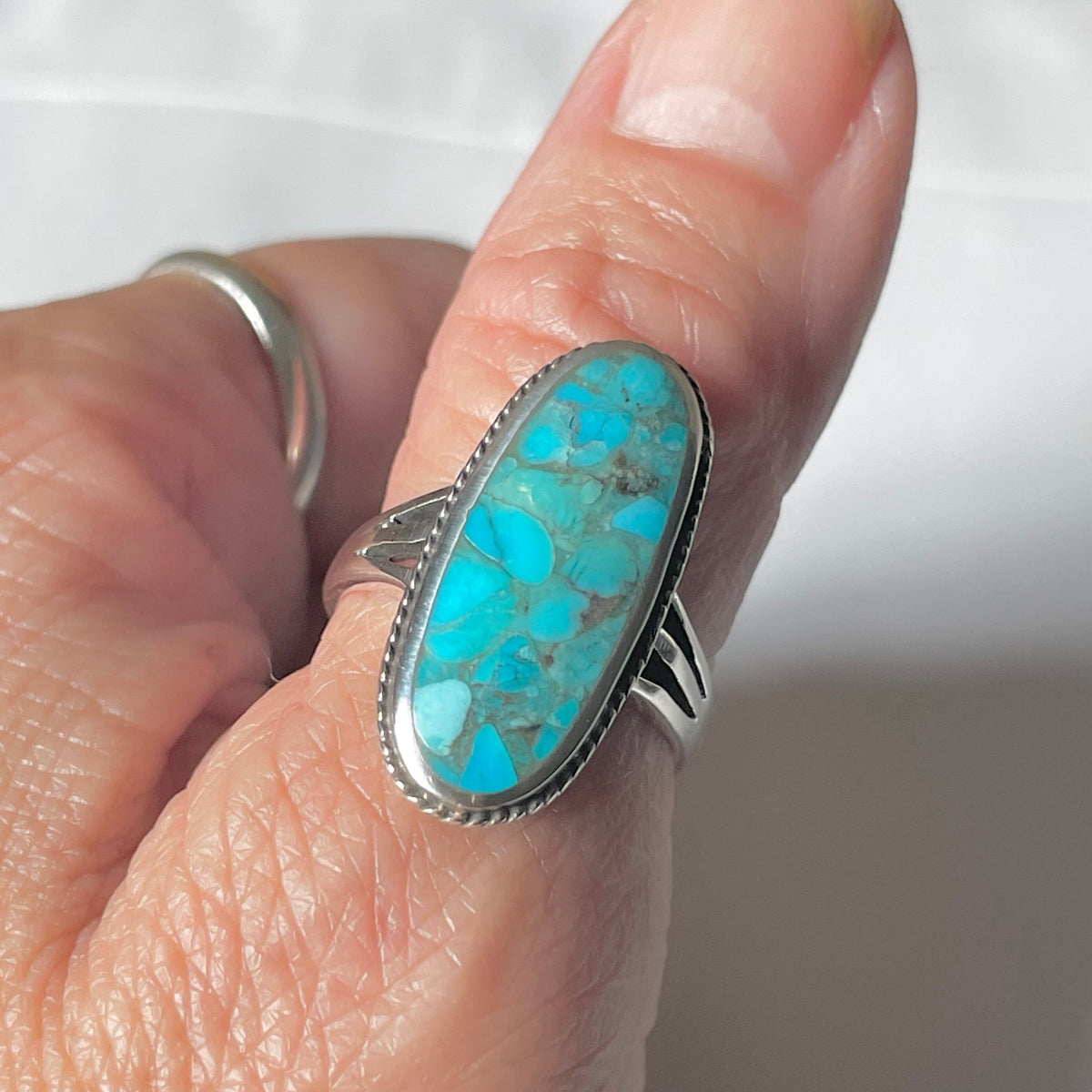 Sterling Silver Simulated Turquoise Ring: Oval Boho Statement Ring