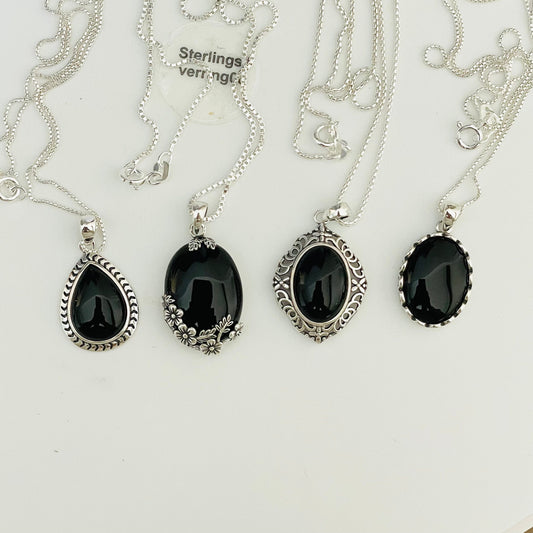 Black Agate Sterling Silver Pendants Necklace, Silver Chain, Flowers Black Agate Pendant, Onyx Pendant, Silver Hawaii Flowers Necklace