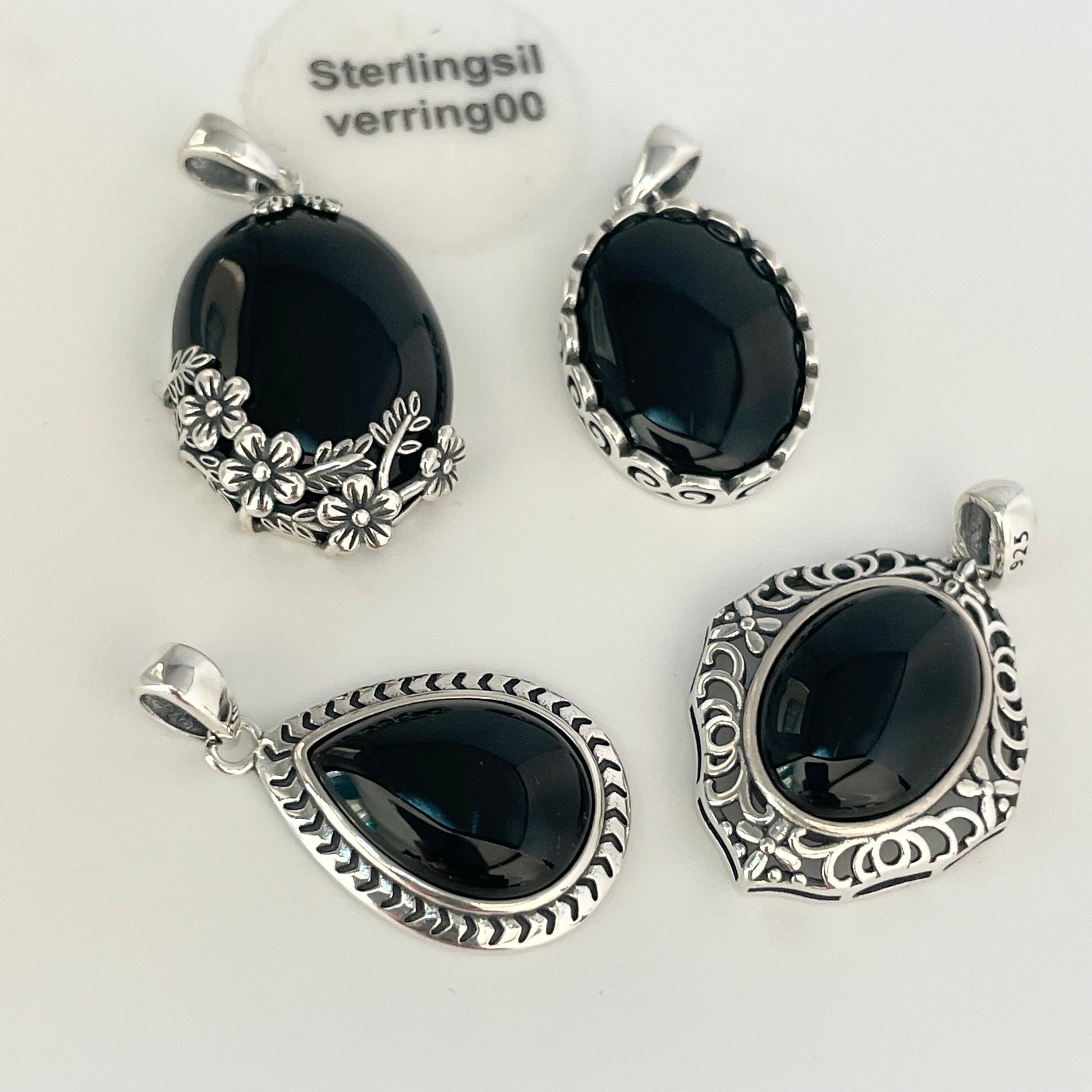 Black Agate Sterling Silver Pendants Necklace, Silver Chain, Flowers Black Agate Pendant, Onyx Pendant, Silver Hawaii Flowers Necklace