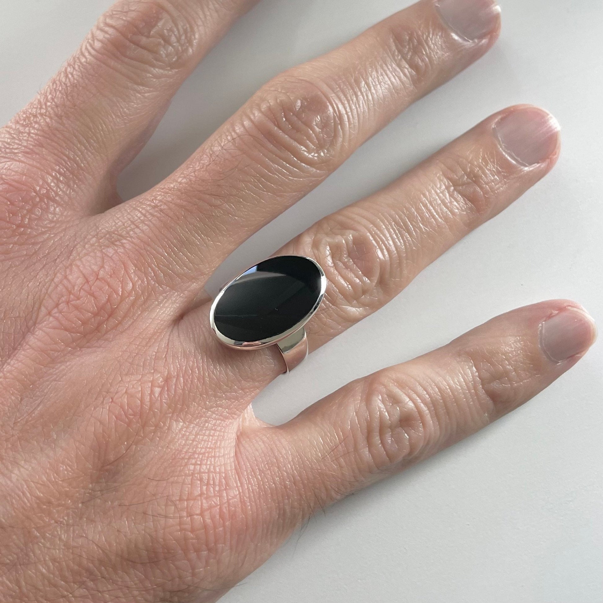 Oval Black Agate Sterling Silver Ring: Unisex Statement Jewelry